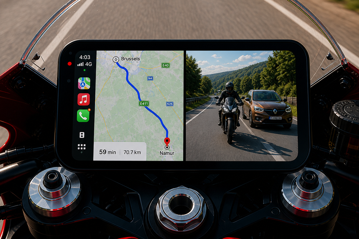 Motorcycle rider using a front and rear dashcam system for safer rides