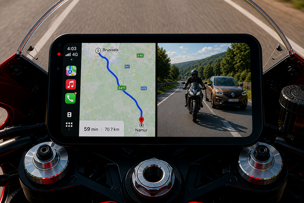 Motorcycle rider using a front and rear dashcam system for safer rides